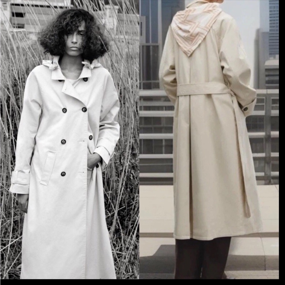 NWT Zara Woman’s m Long Scarf Trench Coat Light Beige Belted Midi Jacket - Picture 2 of 8